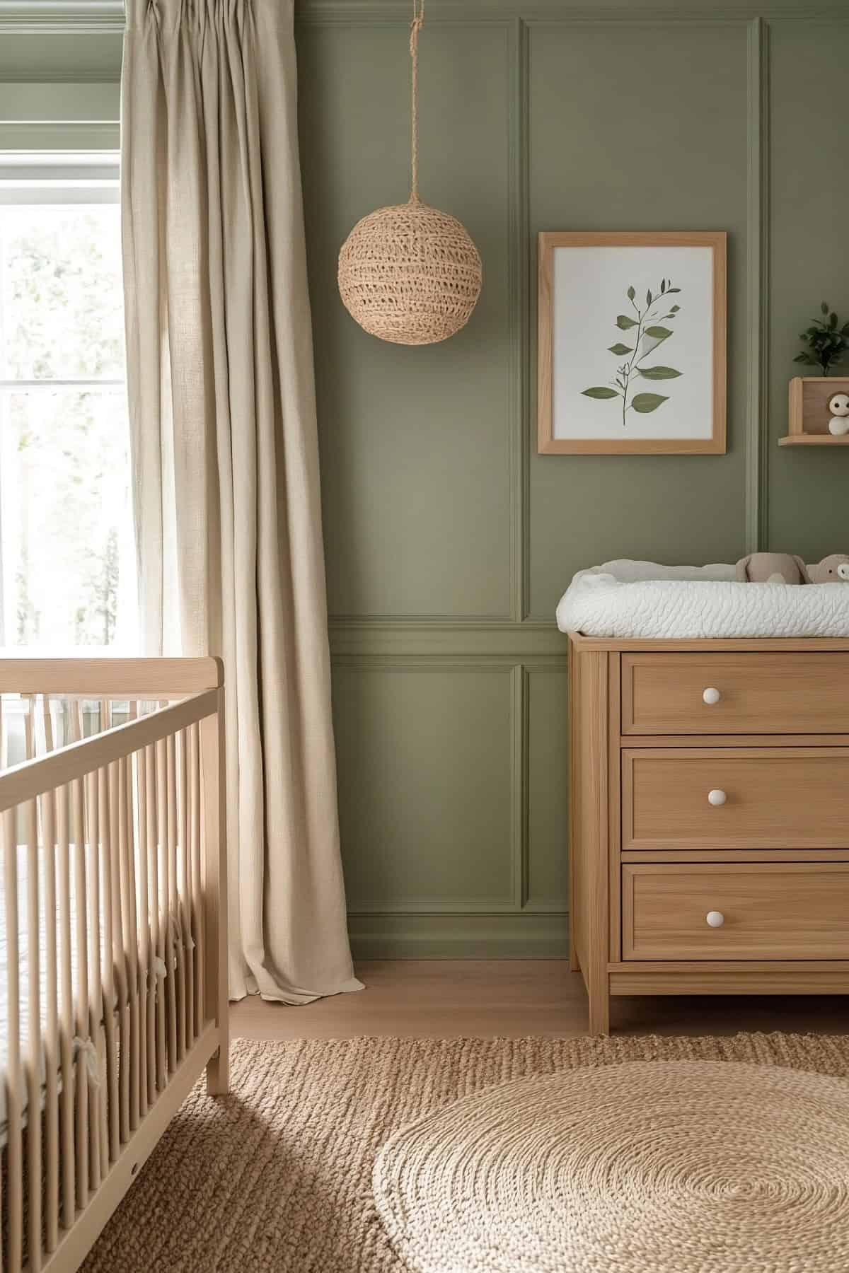 Sage green gender-neutral nursery with natural wood furniture and botanical decor.