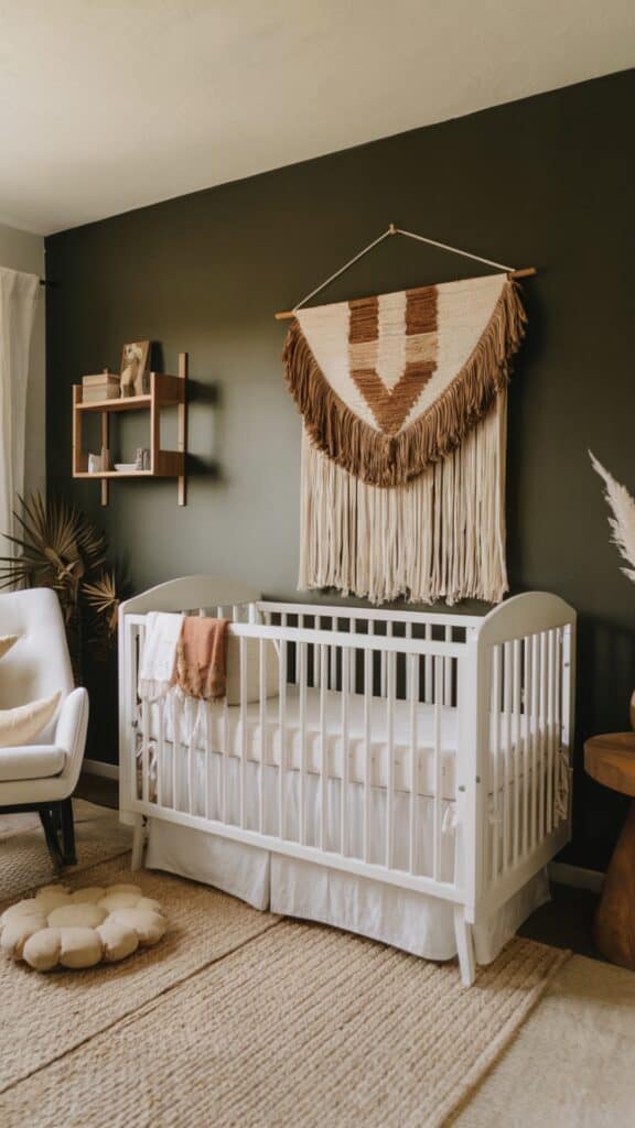 A boho green nursery with a white crib, woven wall hanging, earthy decor, and textured rug for a cozy retreat.