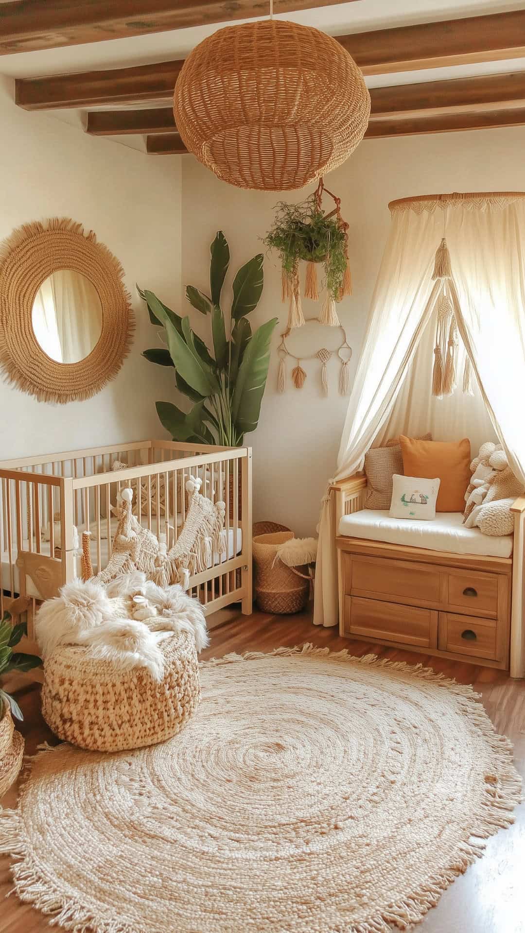Cozy boho nursery with earthy tones, woven textures, a reading nook, and natural decor elements.