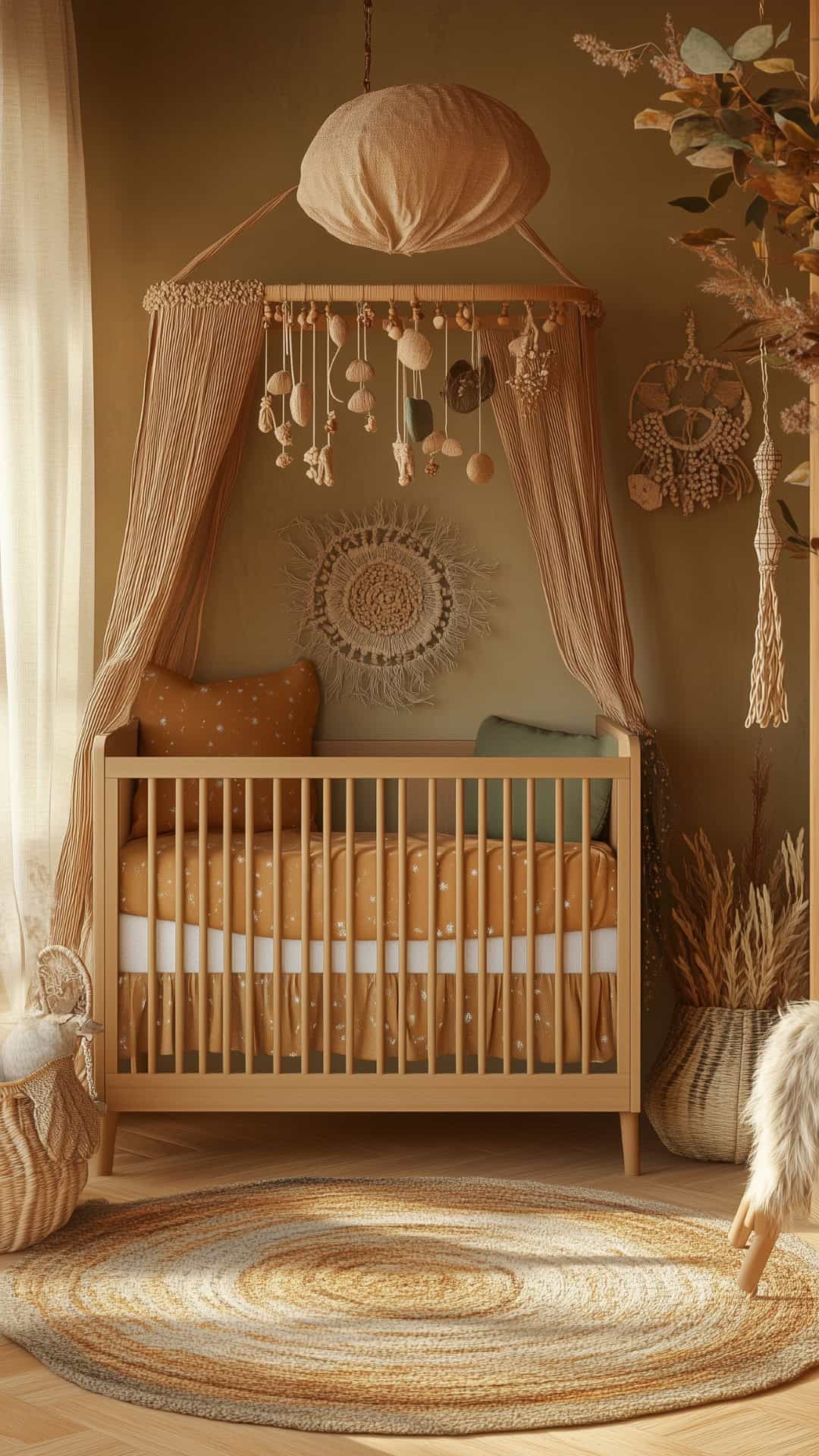 Bohemian nursery with warm amber tones, draped canopy, natural textures, and cozy earthy decor.