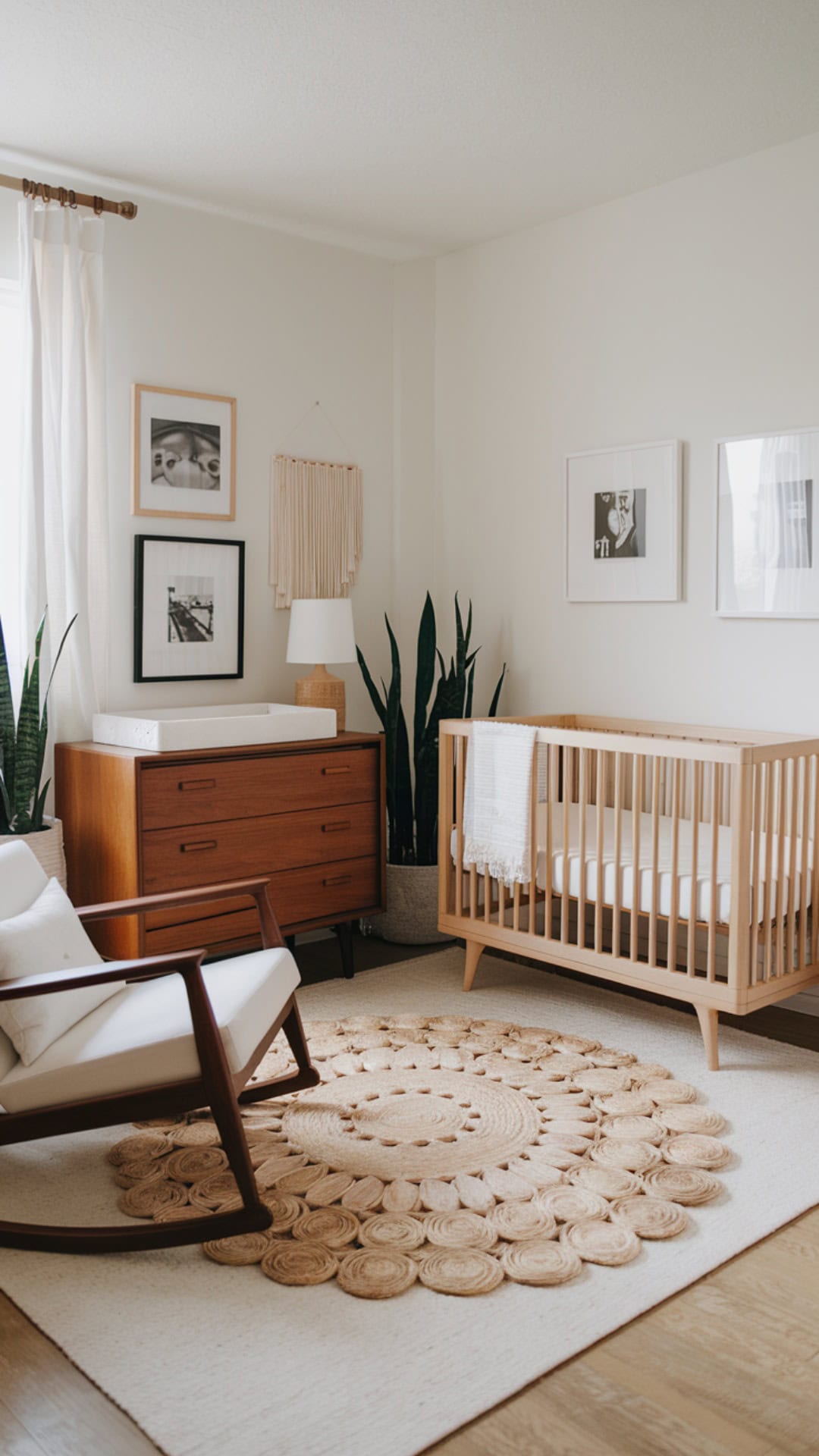 Mid-century modern nursery with warm wood tones, sleek furniture, and cozy natural decor.
