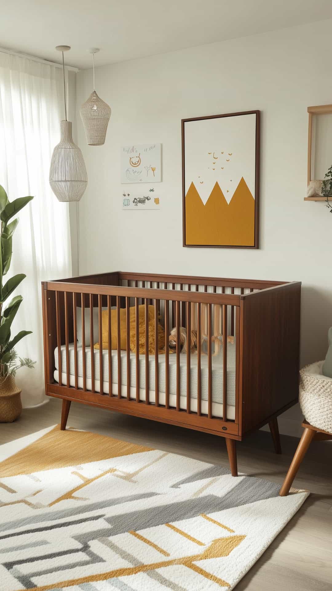 Mid-century modern nursery with rich wood tones, mustard accents, playful art, and a cozy, vibrant feel.