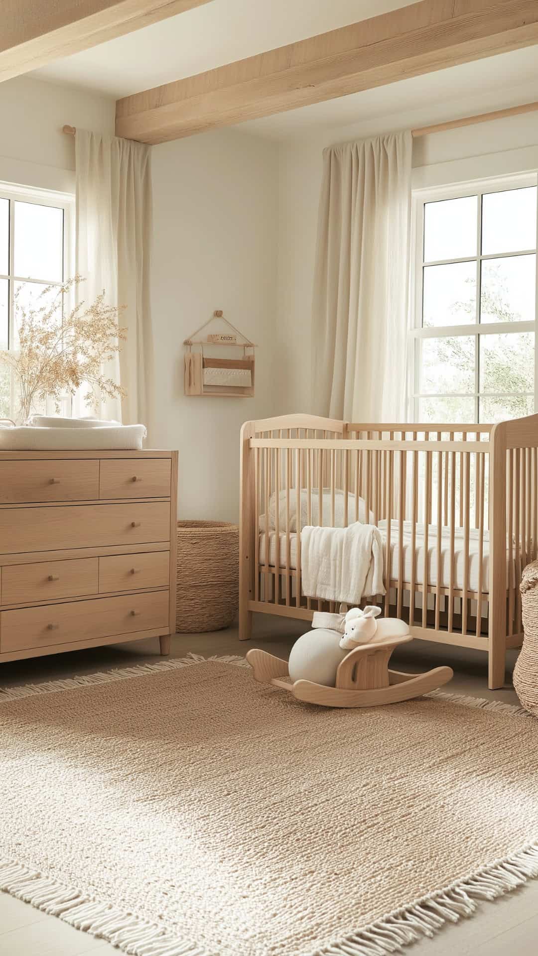 Natural wood nursery with soft textures, minimal decor, and a calming neutral palette.