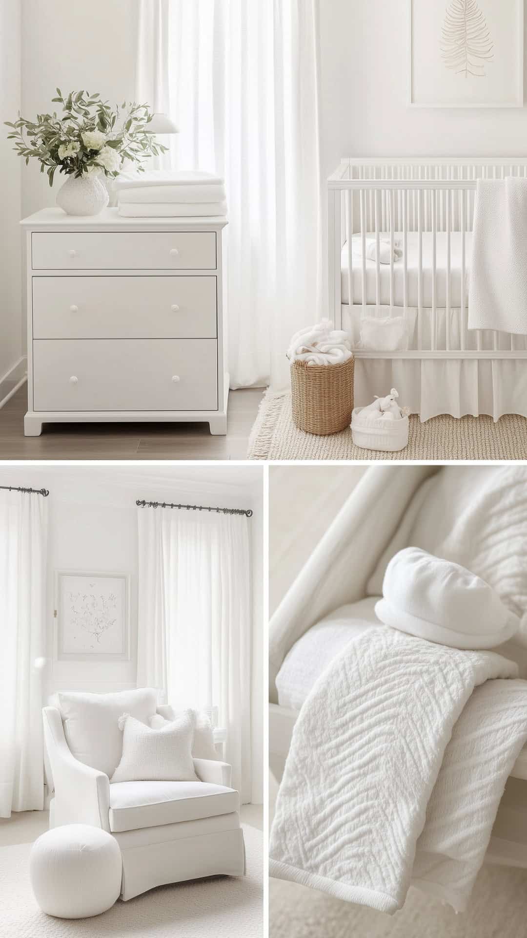 All-white nursery with a white crib, dresser, cozy armchair, and soft textures for a serene, tranquil setting.