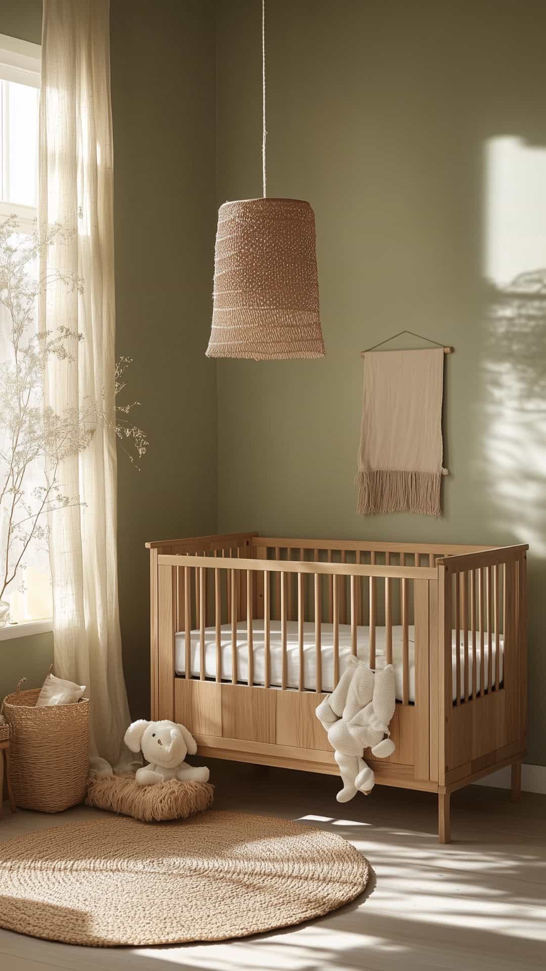 Sage green nursery with natural wood crib, woven textures, and soft, calming decor for a serene atmosphere.