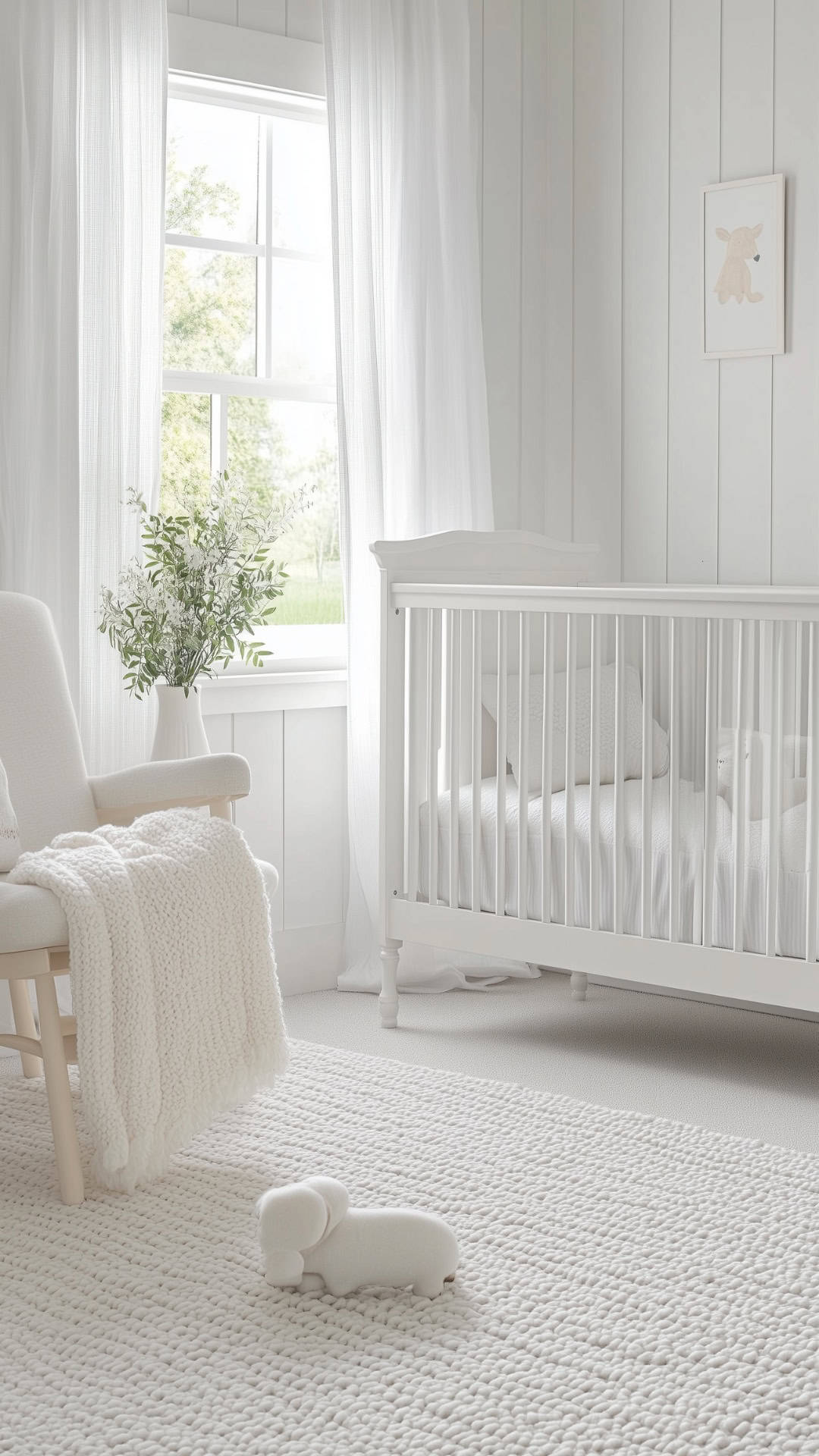 All-white nursery with white crib, cozy armchair, soft textures, and natural light for a serene atmosphere.