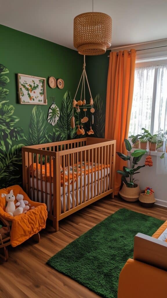 A vibrant green nursery with tropical leaf accents, orange decor, and natural wood furniture for a playful, adventurous feel.