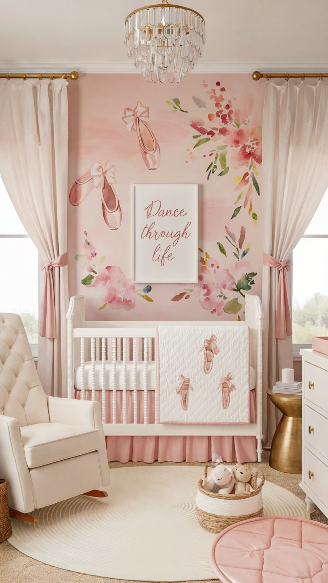 Ballerina-themed baby girl nursery with pink ballet shoe wall art, floral accents, and an elegant white crib.