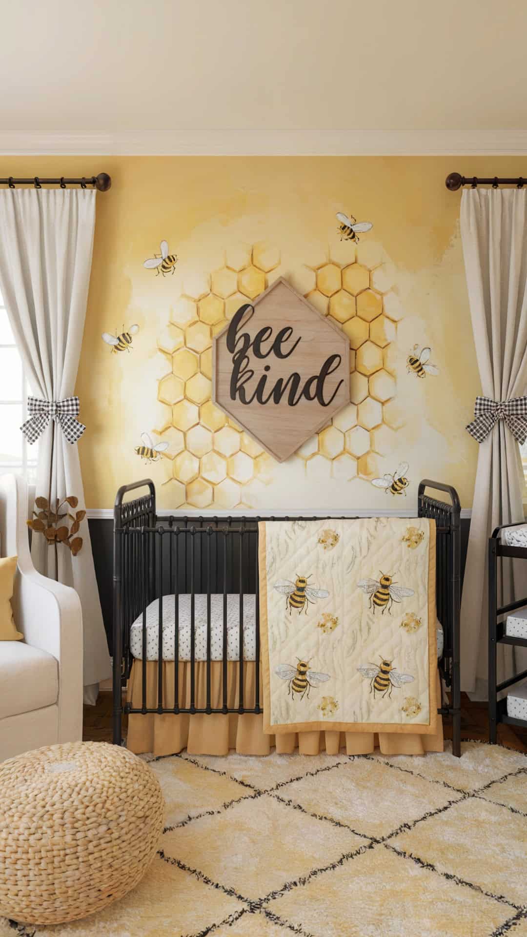 Bee-themed baby girl nursery with honeycomb wall art, a “Bee Kind” sign, black crib, and yellow accents.