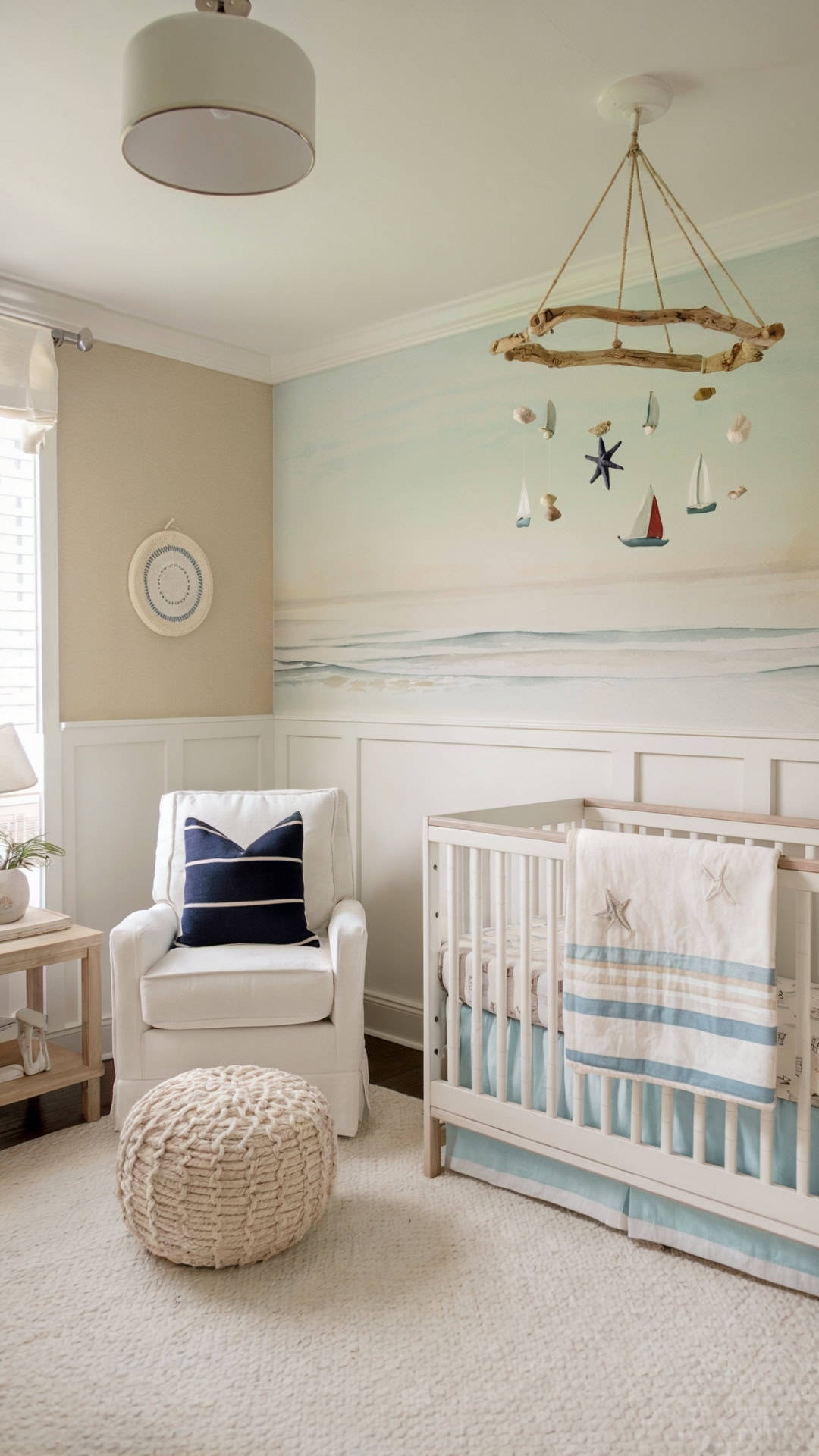 Nautical baby girl nursery with ocean wall mural, sailboat mobile, and soft beige and navy accents.