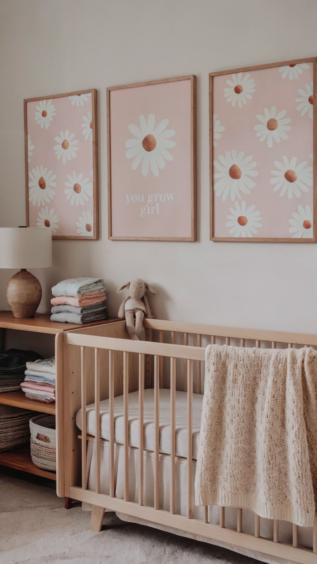 Minimalistic nursery with daisy-themed wall art, wooden crib, cozy textures, and natural tones.