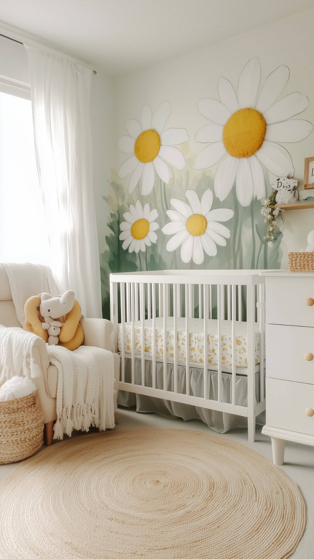 Daisy-themed baby girl nursery with oversized daisy mural, white crib, woven rug, and cozy neutral accents.