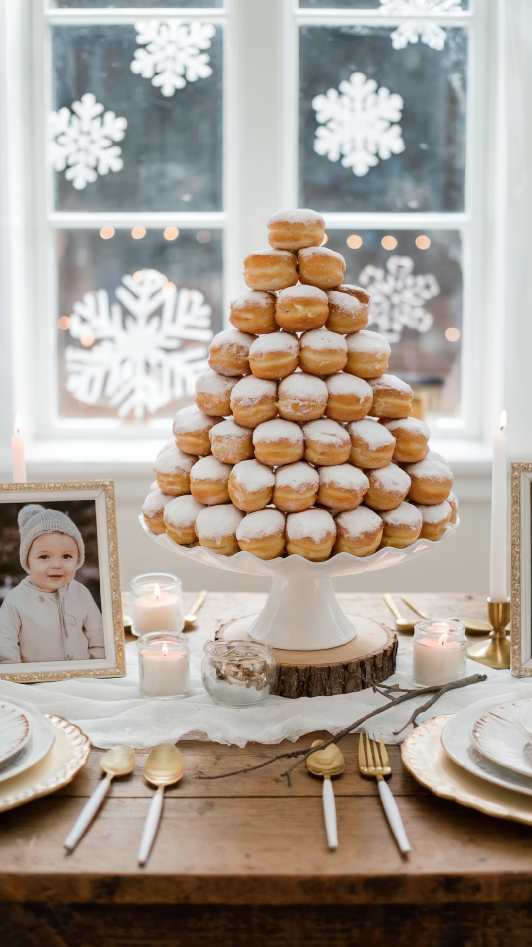 Powdered donut tree centerpiece on a rustic table with candles, snowflake window decor, and elegant gold accents.
