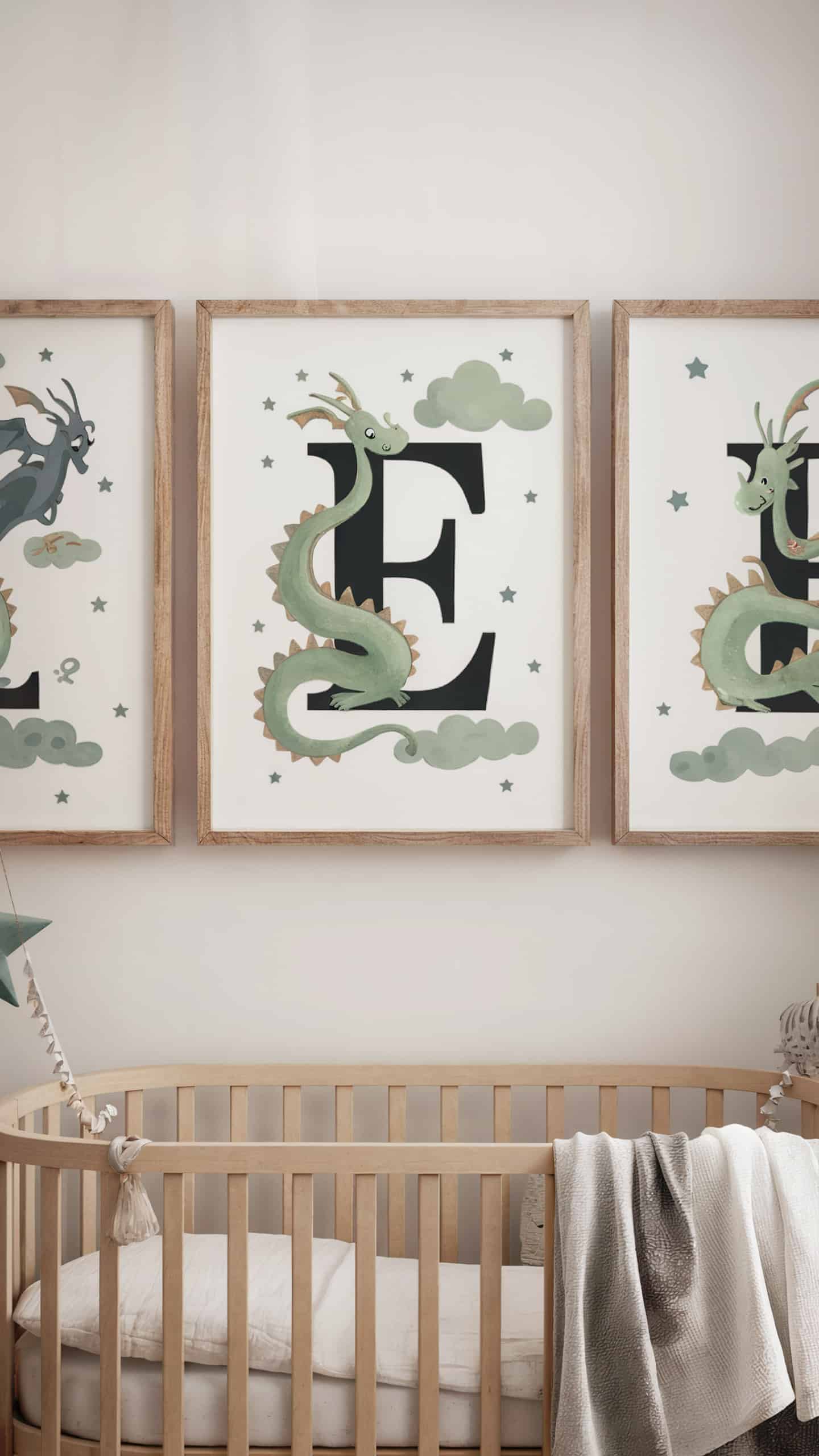 Dragon-themed nursery with whimsical green dragon artwork and neutral wood crib.