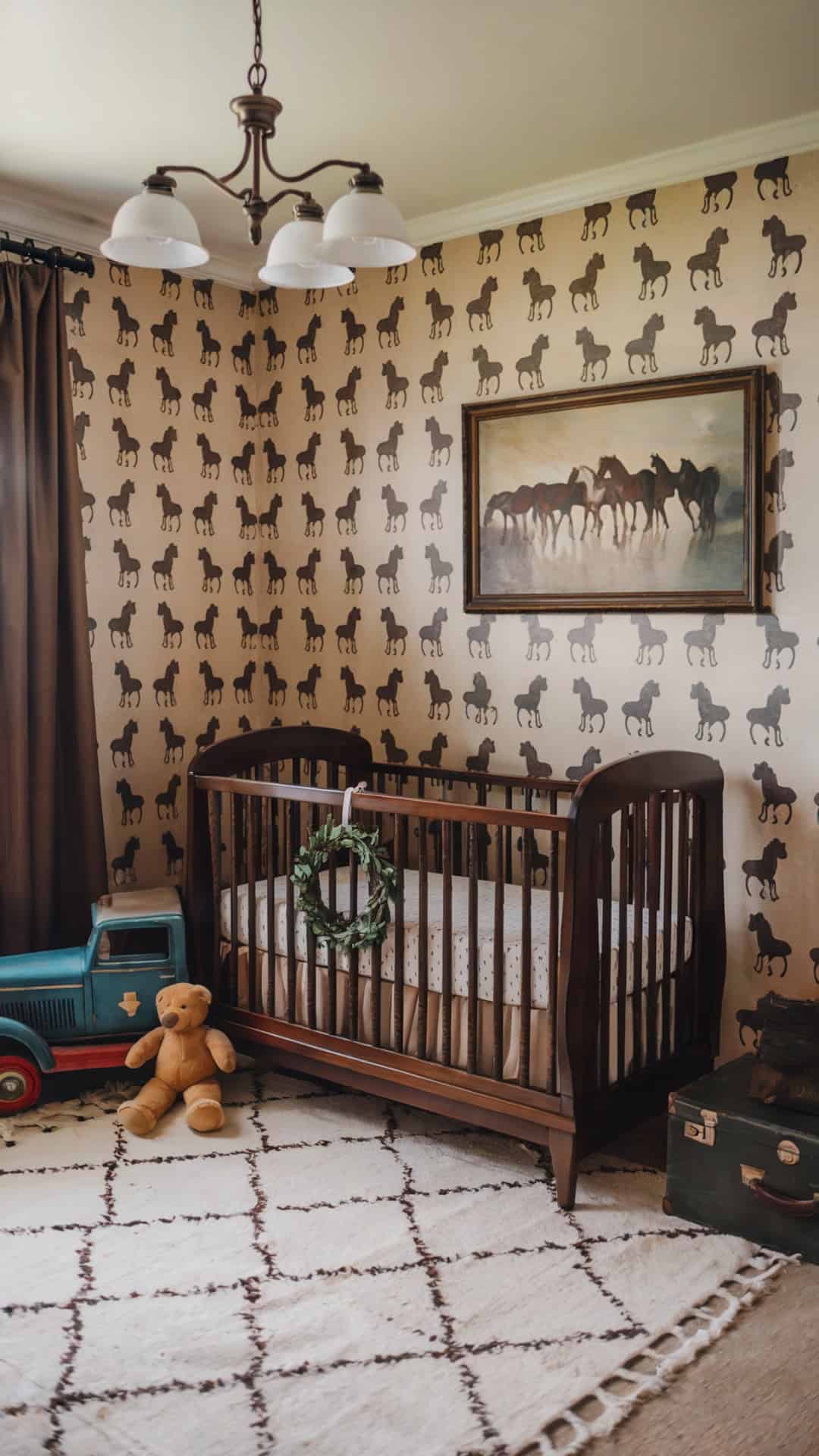 Horse-themed nursery with vintage wallpaper, a dark wood crib, classic chandelier, and antique-style decor.