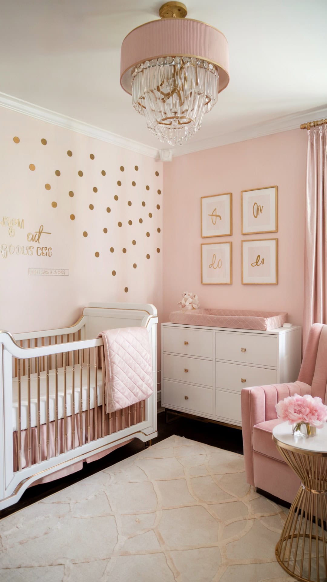 Glamorous pink and gold baby girl nursery with crystal chandelier, gold polka dot accent wall, and tufted pink chair.