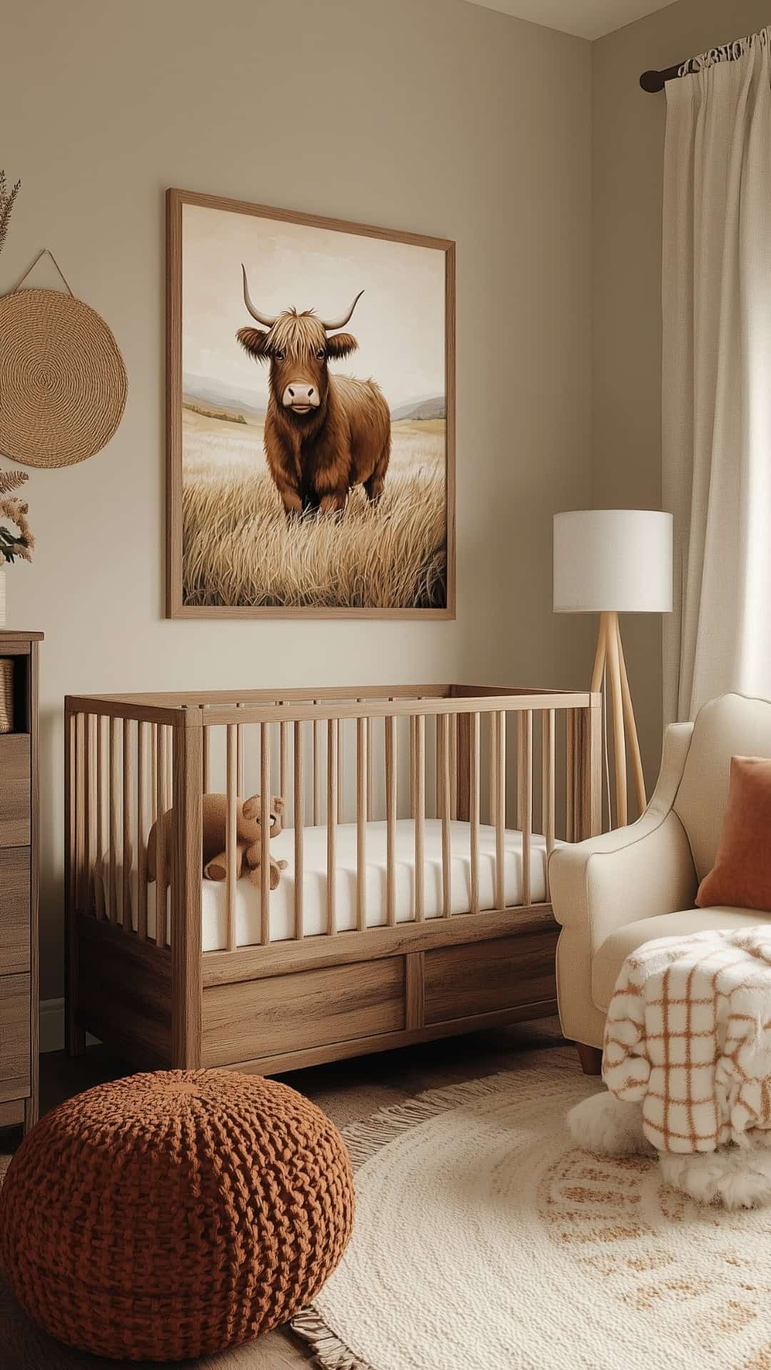 Cozy baby girl nursery with a Highland cow art print, natural wood furniture, and warm earthy accents.