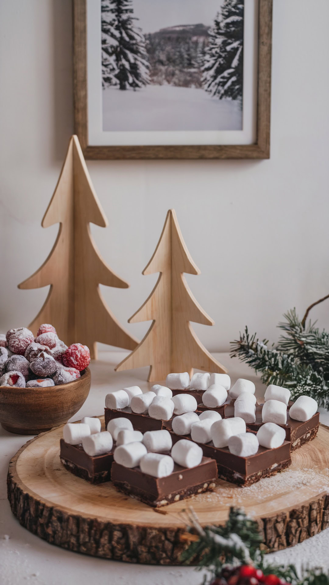 Chocolate fudge squares topped with marshmallows on a rustic wood slice, paired with sugared berries and wooden tree decor.