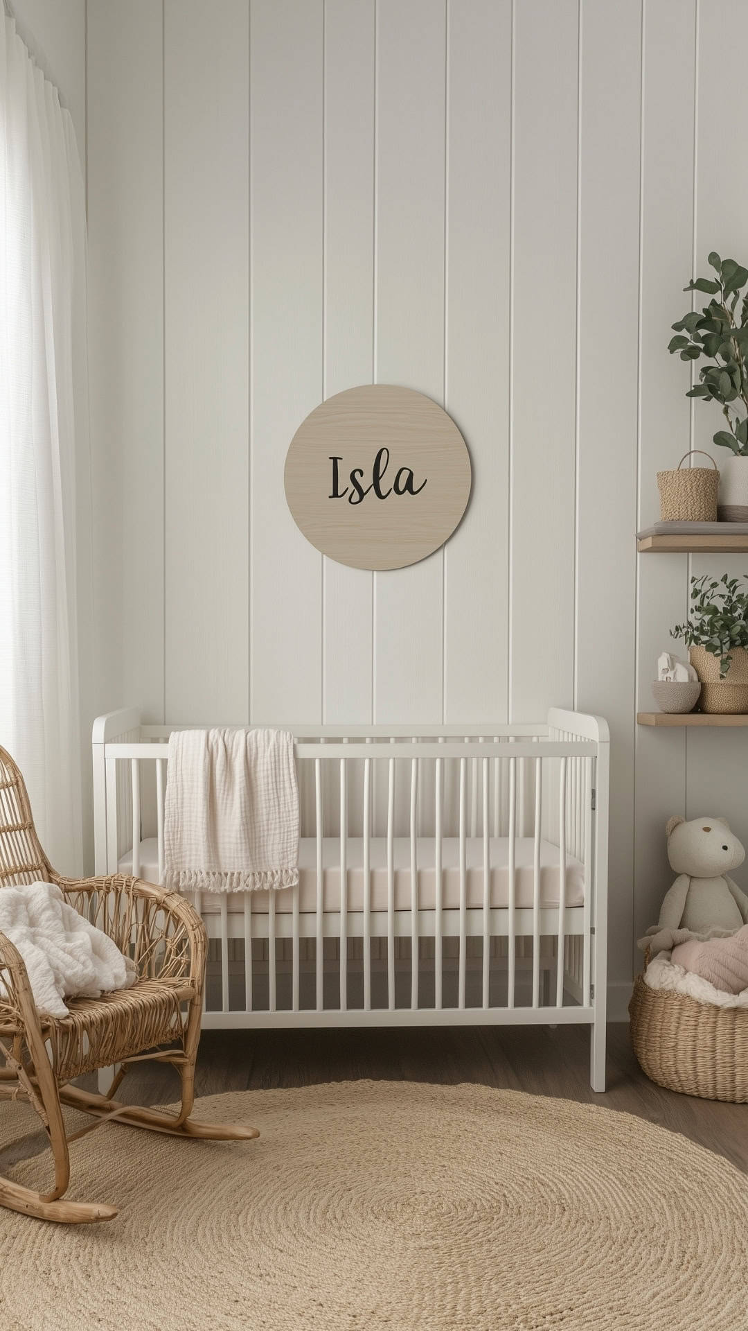 Minimalist baby girl nursery with neutral tones, white crib, rattan accents, and personalized name sign.