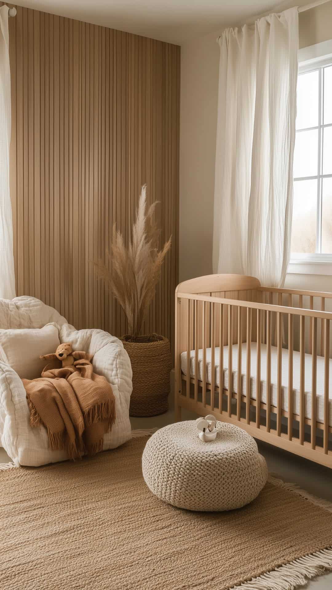 Neutral baby girl nursery with natural wood slat wall, soft fabrics, woven accents, and pampas grass decor.