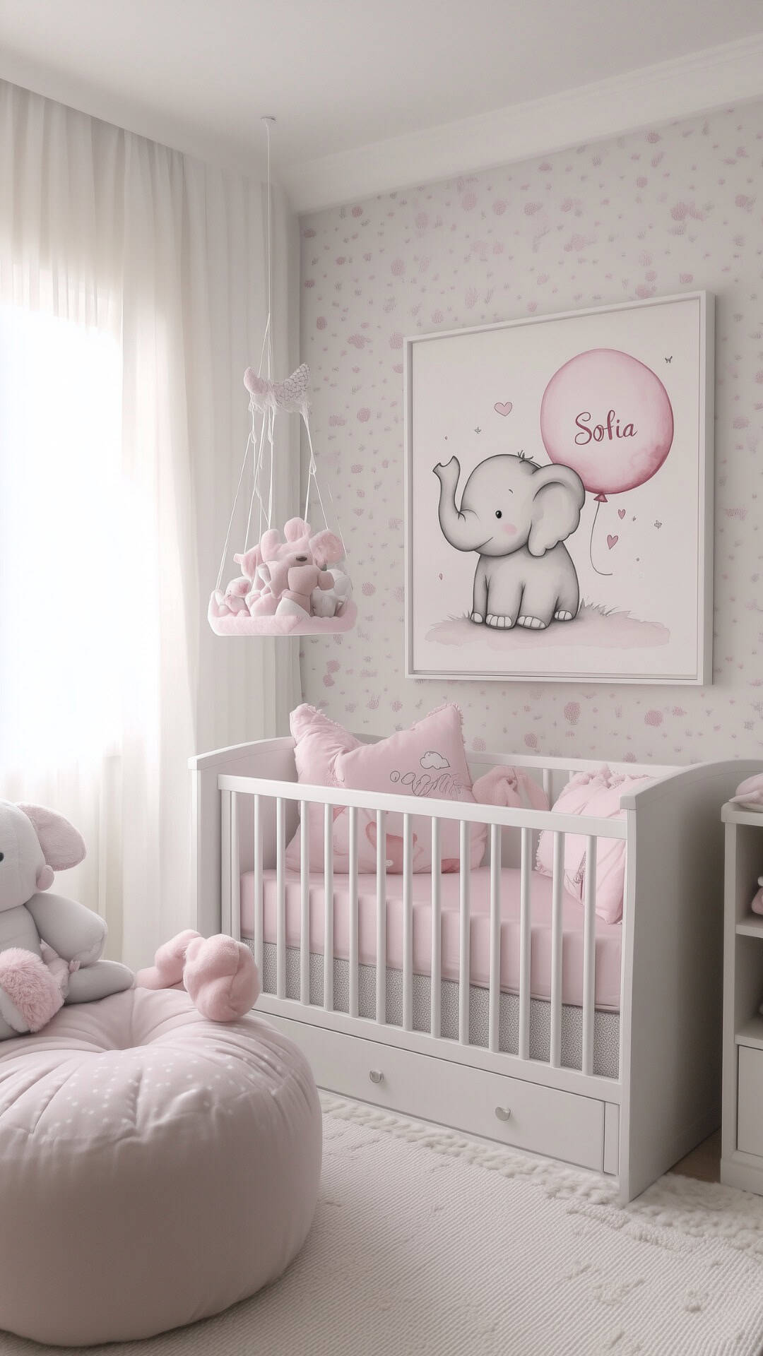 Soft pastel pink baby girl nursery with elephant wall art, plush toys, and cozy textiles.