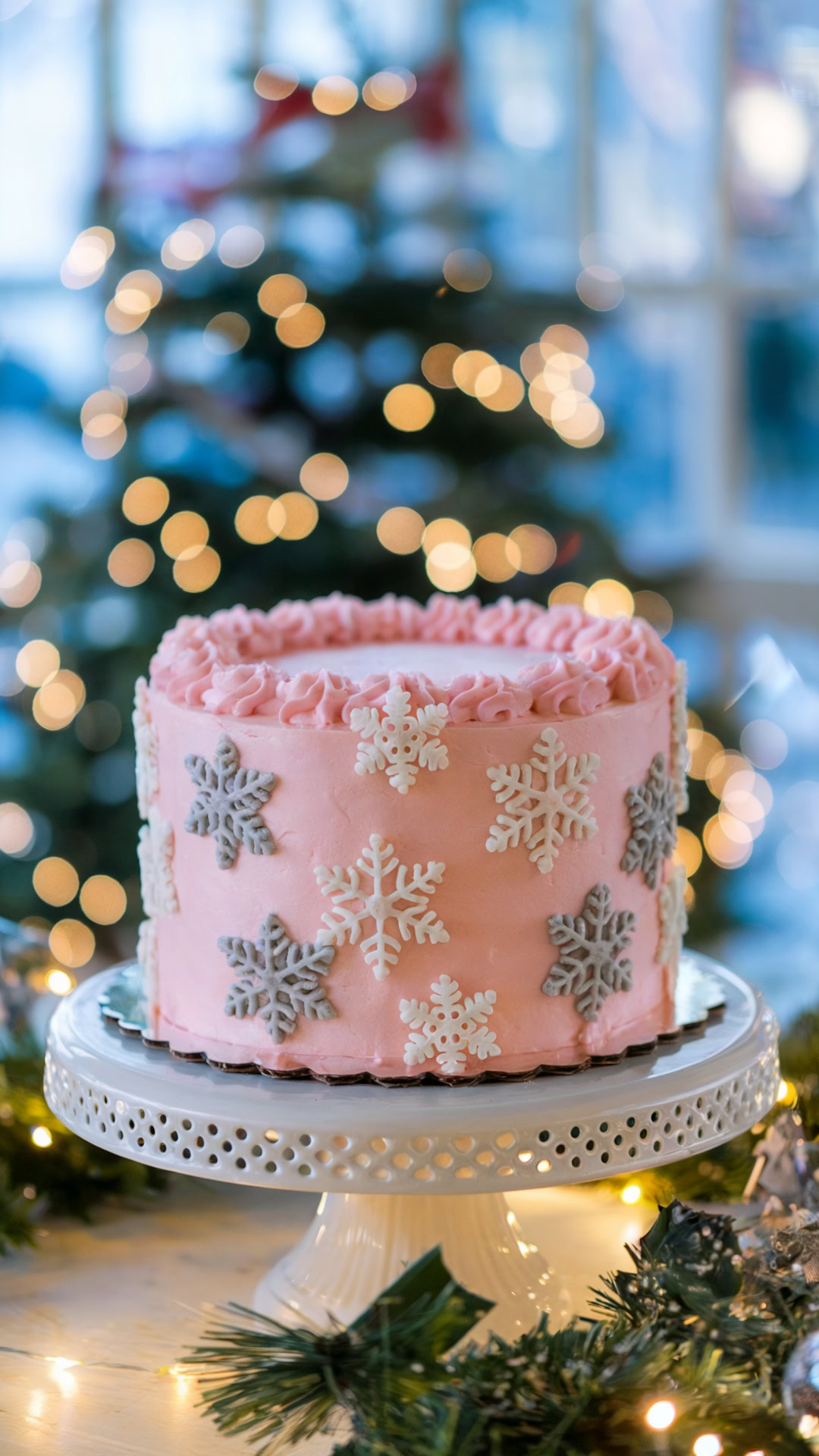 Pink frosted cake with white and silver snowflake decorations on a white stand, surrounded by festive greenery and lights.