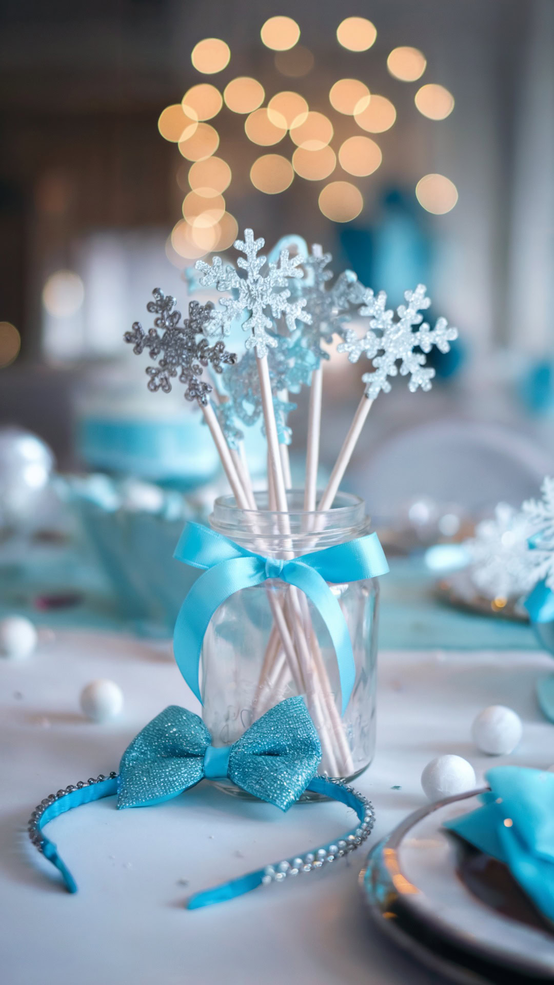 Glittery snowflake centerpiece in a mason jar with blue ribbon, paired with a sparkly blue bow headband on a winter-themed party table.