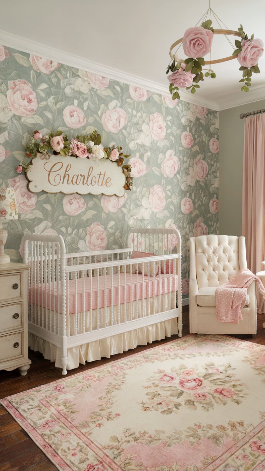 Elegant vintage baby girl nursery with floral wallpaper, personalized name sign, floral chandelier, and classic white crib.