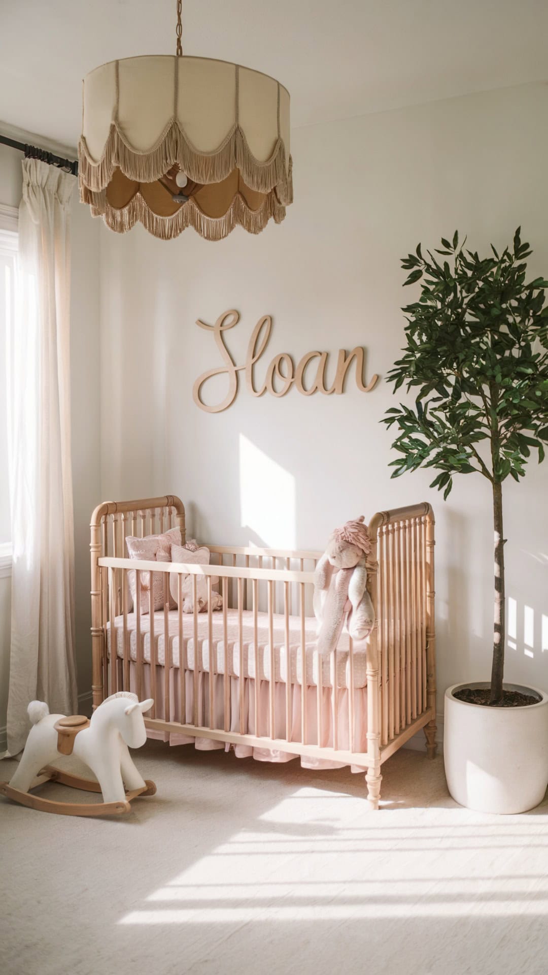 Light-filled nursery with a vintage boho theme, featuring a wooden crib, personalized "Sloan" wall decor, and a fringed chandelier.