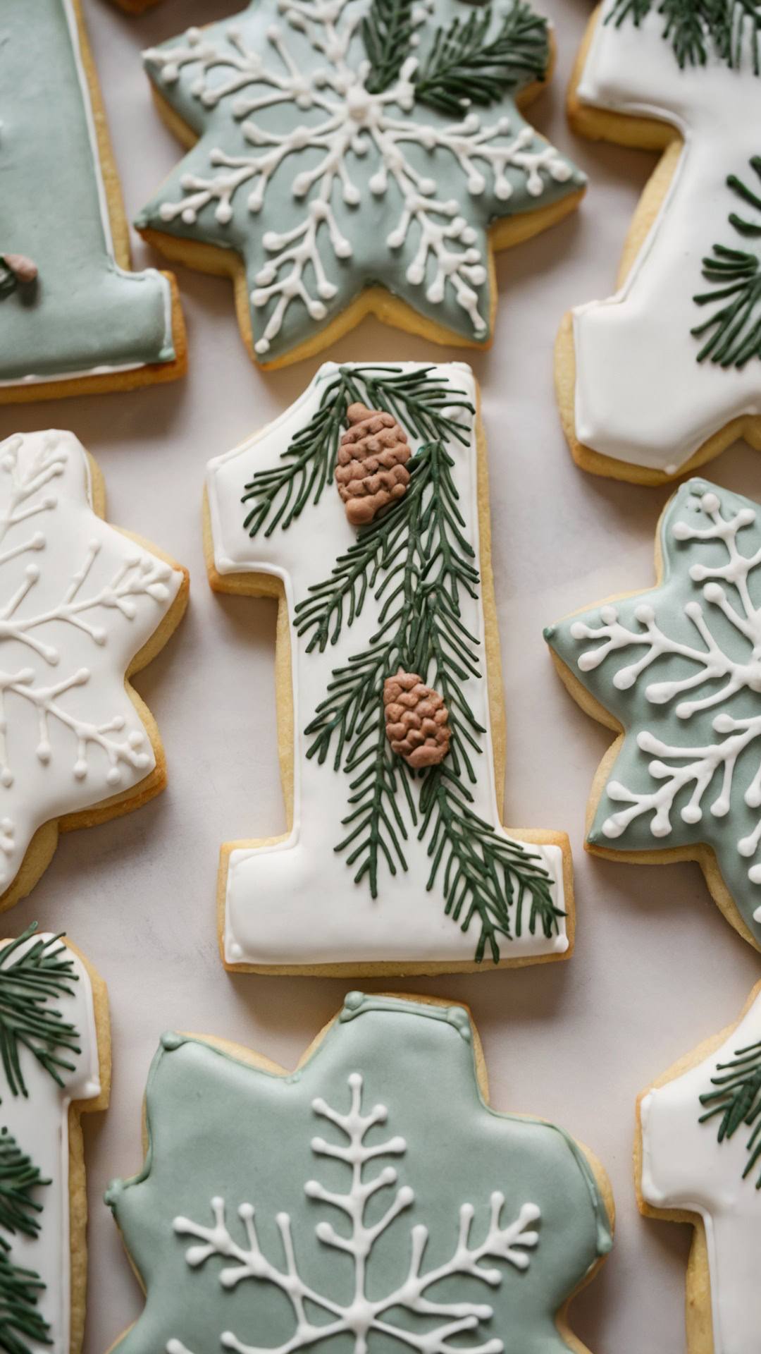 Winter-themed sugar cookies decorated with pine branches, pinecones, and snowflakes in white and green icing.