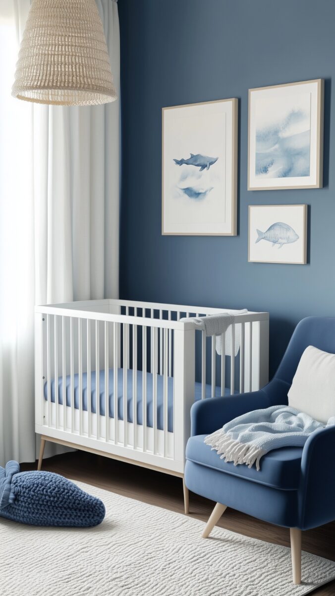 Serene ocean nursery with whale wall art