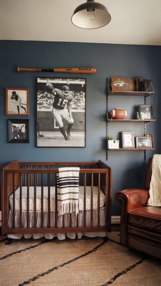 Sports-themed nursery with soft balls and bold accents